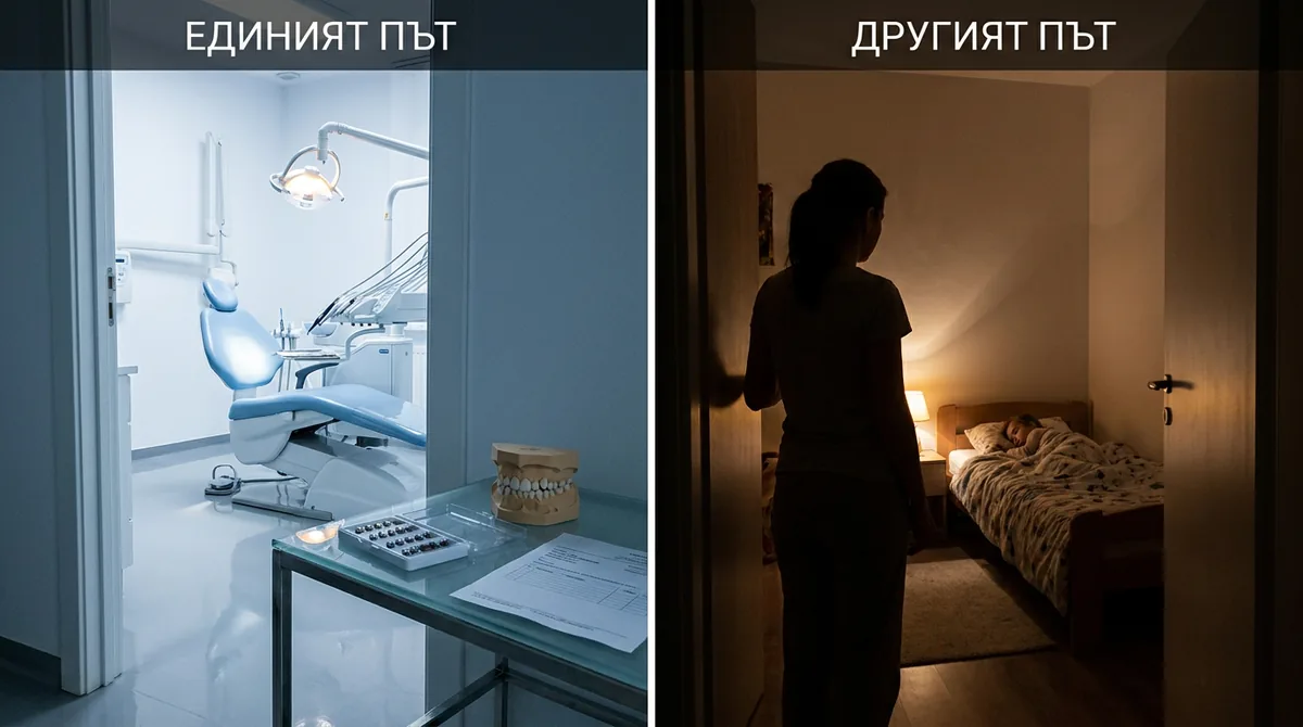Брекети от едната страна и лепенка за нос от другата
