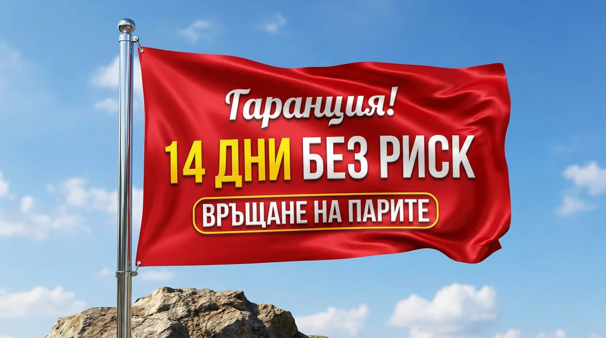 Знаме с надпис 14 дни без риск, връщане на парите
