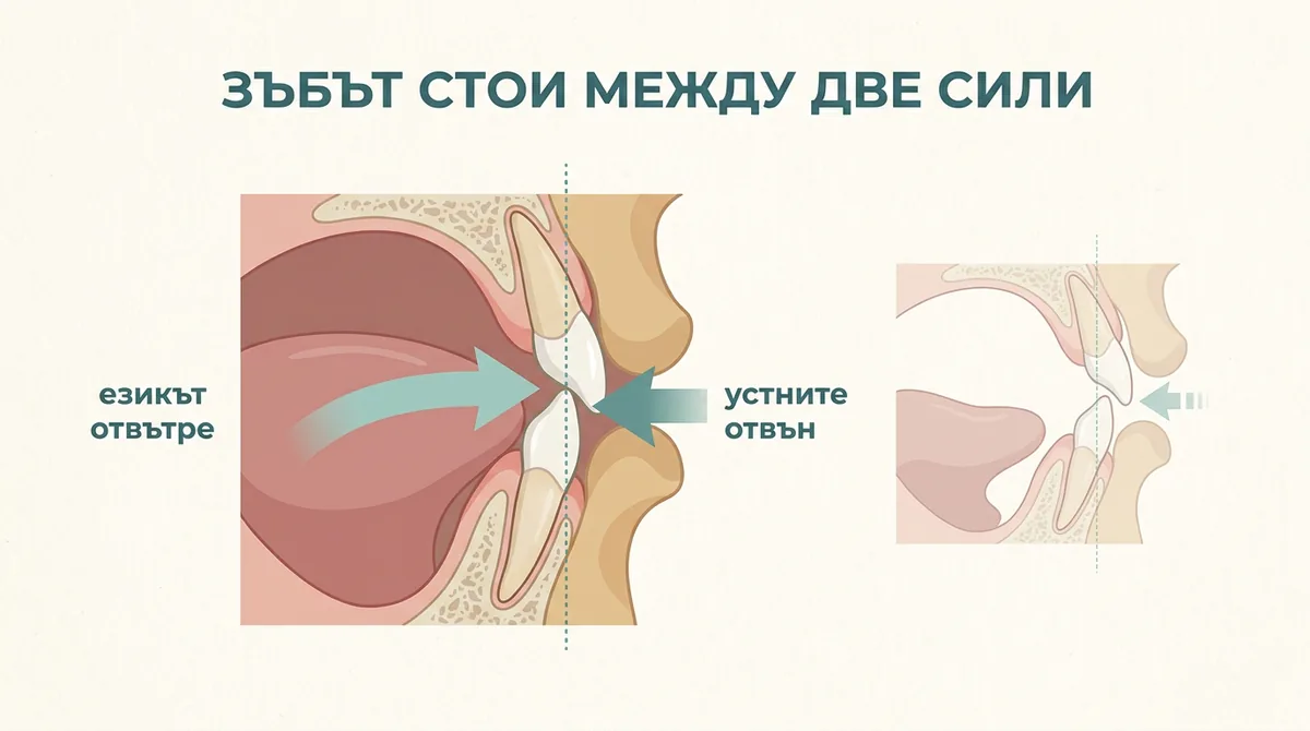 Инфографика: зъбът между езика отвътре и устните отвън
